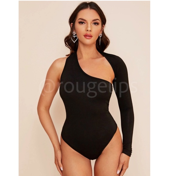 Black Elegant One Long Sleeve Bodysuit Asymmetrical Neck - Picture 2 of 6